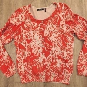 Daisy Fuentes Cardigan Large Sweater Orange & Off White 100% Cotton Like New